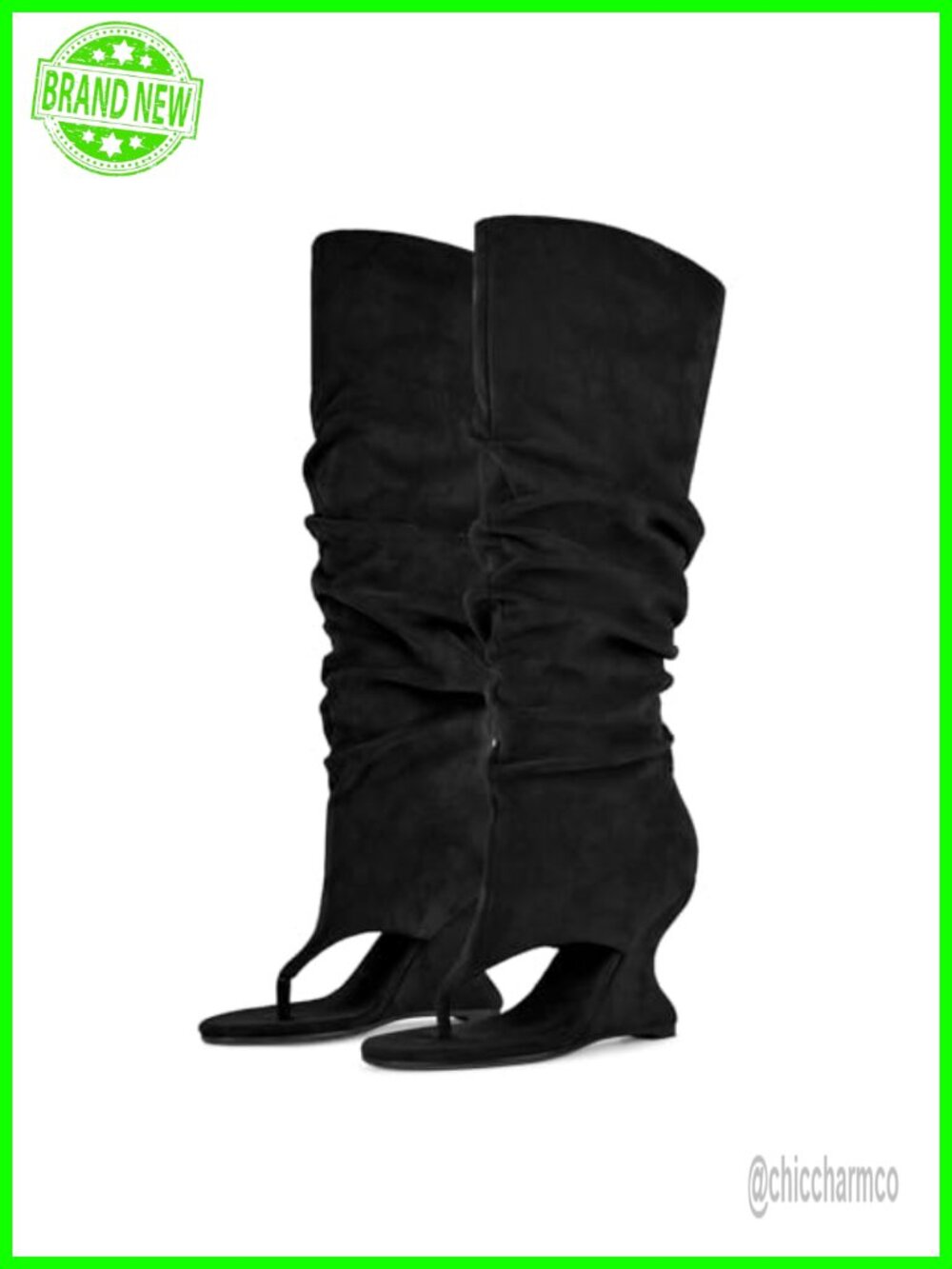 Faux Suede Slouchy Thong Toe Knee High Wedge Boots Sculptural Heel